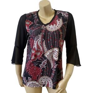 Susan Graver Paisley Damask Bell Sleeve V Neck Top XS Boho Tribal